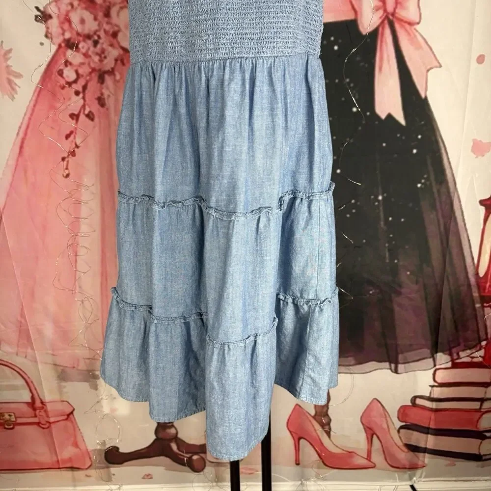J. Crew Chambray Smocked Tiered Cotton Sun Dress Sz S
